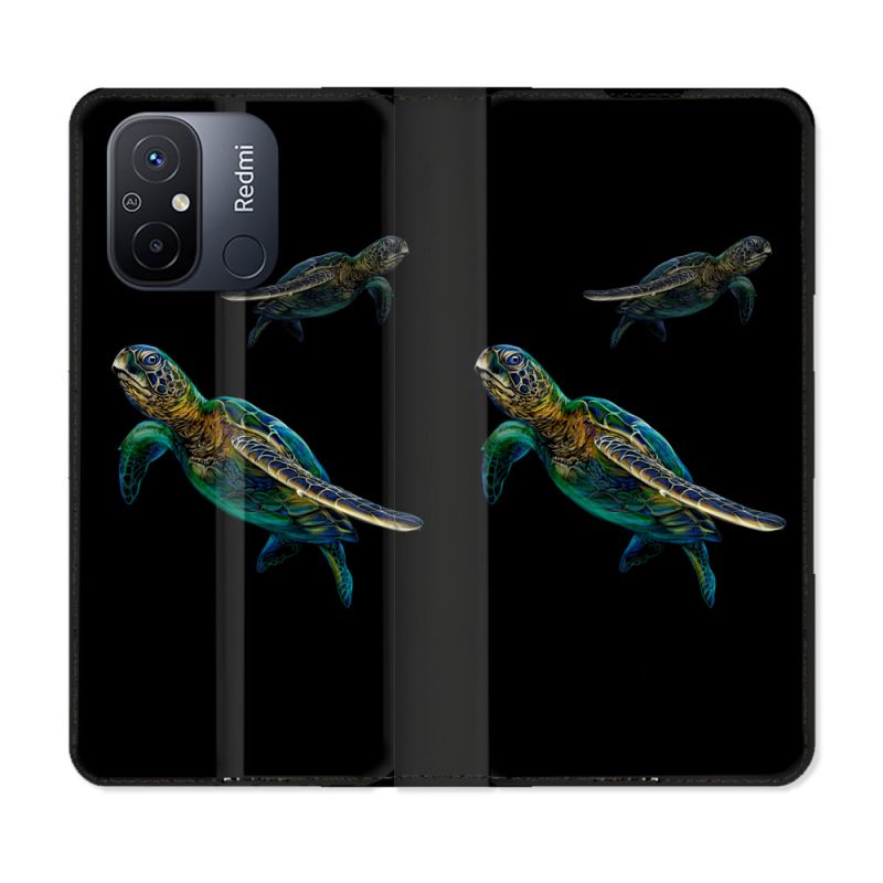 Housse cuir portefeuille pour Xiaomi 12C Animal Tortue Noire multicolore