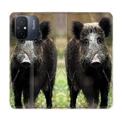 Housse cuir portefeuille pour Xiaomi 12C Chasse Sanglier bois