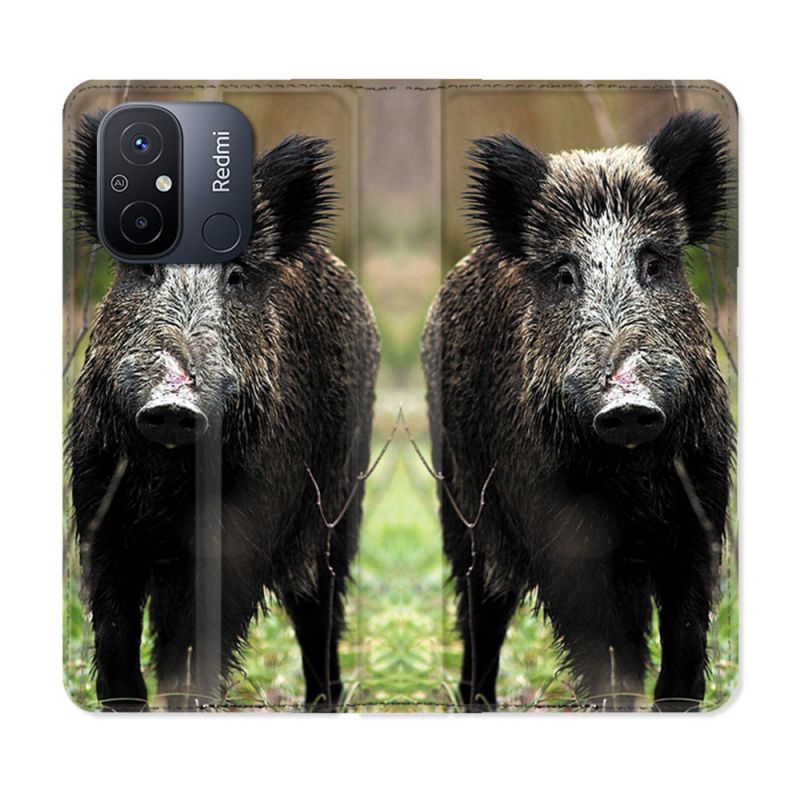 Housse cuir portefeuille pour Xiaomi 12C Chasse Sanglier bois