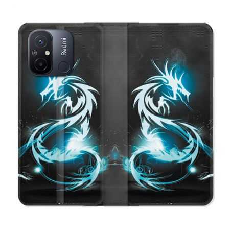 Housse cuir portefeuille pour Xiaomi 12C Fantastique Dragon Bleu