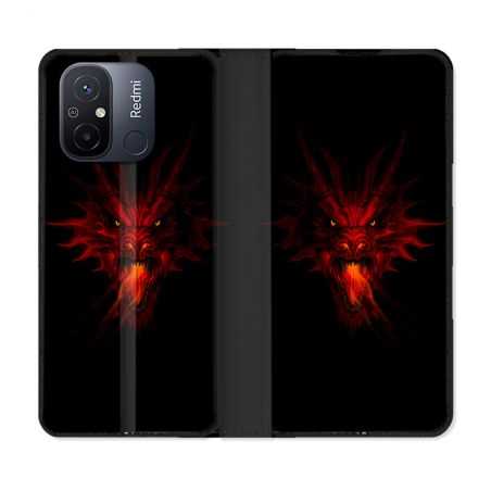 Housse cuir portefeuille pour Xiaomi 12C Fantastique Dragon Feu
