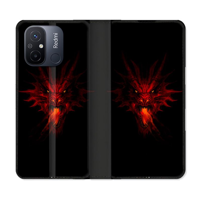 Housse cuir portefeuille pour Xiaomi 12C Fantastique Dragon Feu