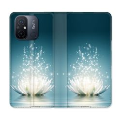 Housse cuir portefeuille pour Xiaomi 12C Fleur Lotus Blanc