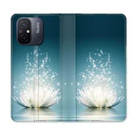 Housse cuir portefeuille pour Xiaomi 12C Fleur Lotus Blanc