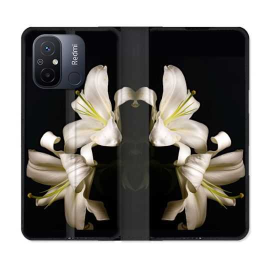 Housse cuir portefeuille pour Xiaomi 12C Fleur Lys Noir