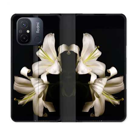 Housse cuir portefeuille pour Xiaomi 12C Fleur Lys Noir