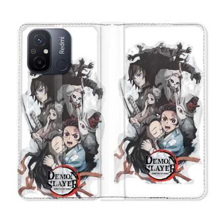 Housse cuir portefeuille pour Xiaomi 12C Manga Demon Slayer Blanc