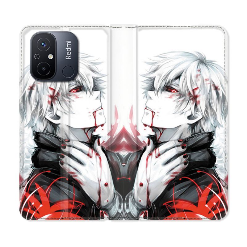 Housse cuir portefeuille pour Xiaomi 12C Manga Tokyo Ghoul Kaneki Blanc