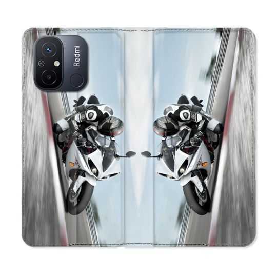 Housse cuir portefeuille pour Xiaomi 12C Moto Course GP Blanche