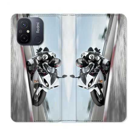 Housse cuir portefeuille pour Xiaomi 12C Moto Course GP Blanche