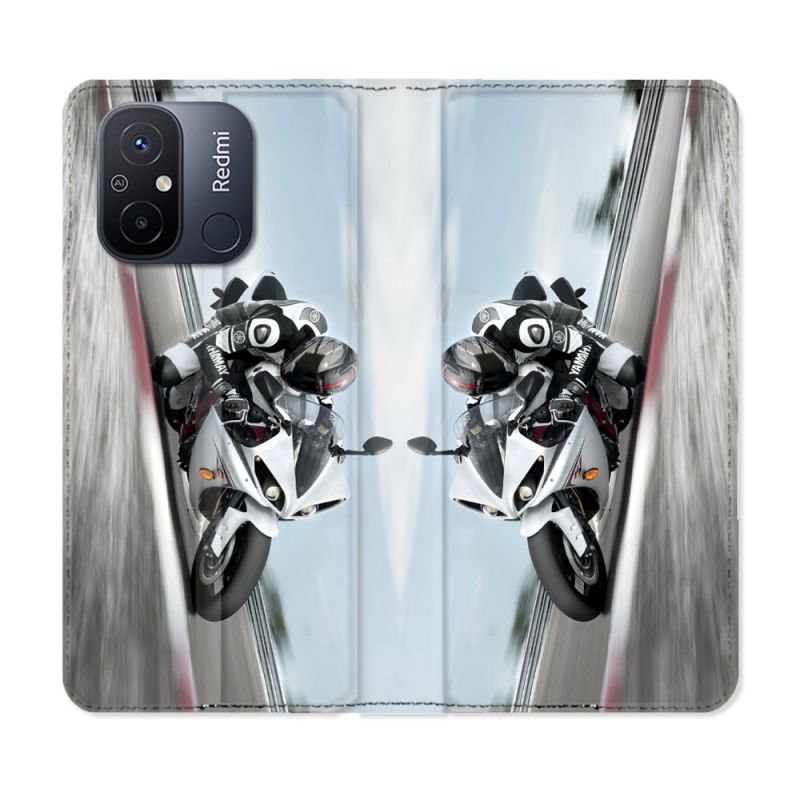 Housse cuir portefeuille pour Xiaomi 12C Moto Course GP Blanche