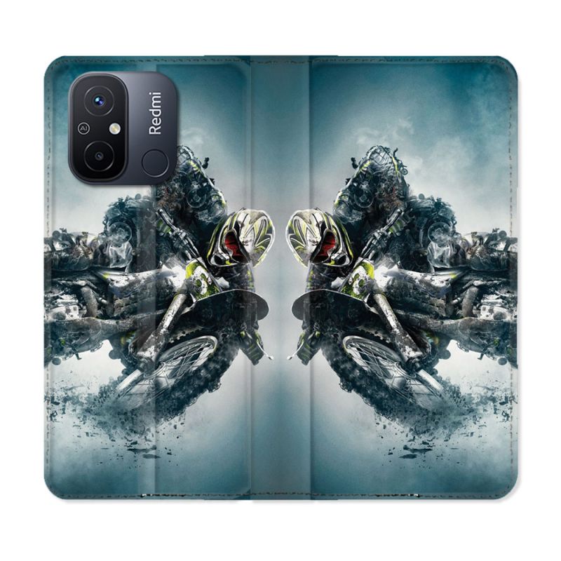 Housse cuir portefeuille pour Xiaomi 12C Moto Cross Ombre