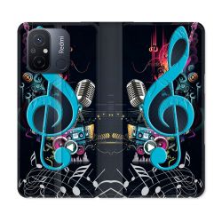 Housse cuir portefeuille pour Xiaomi 12C Musique Cle Sol Bleu