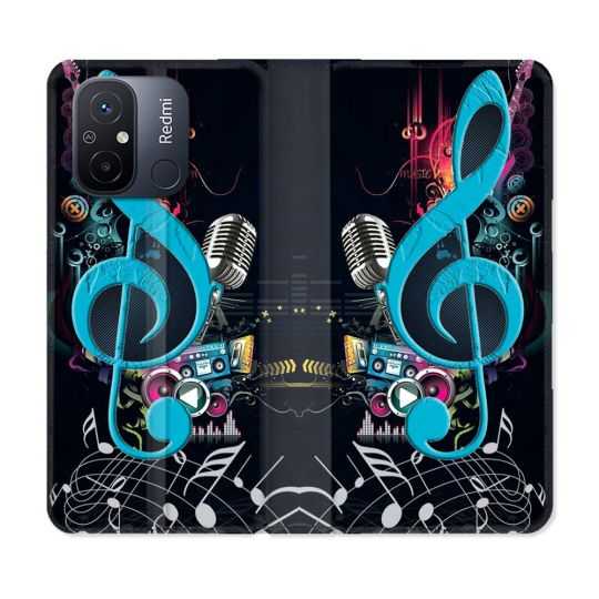 Housse cuir portefeuille pour Xiaomi 12C Musique Cle Sol Bleu