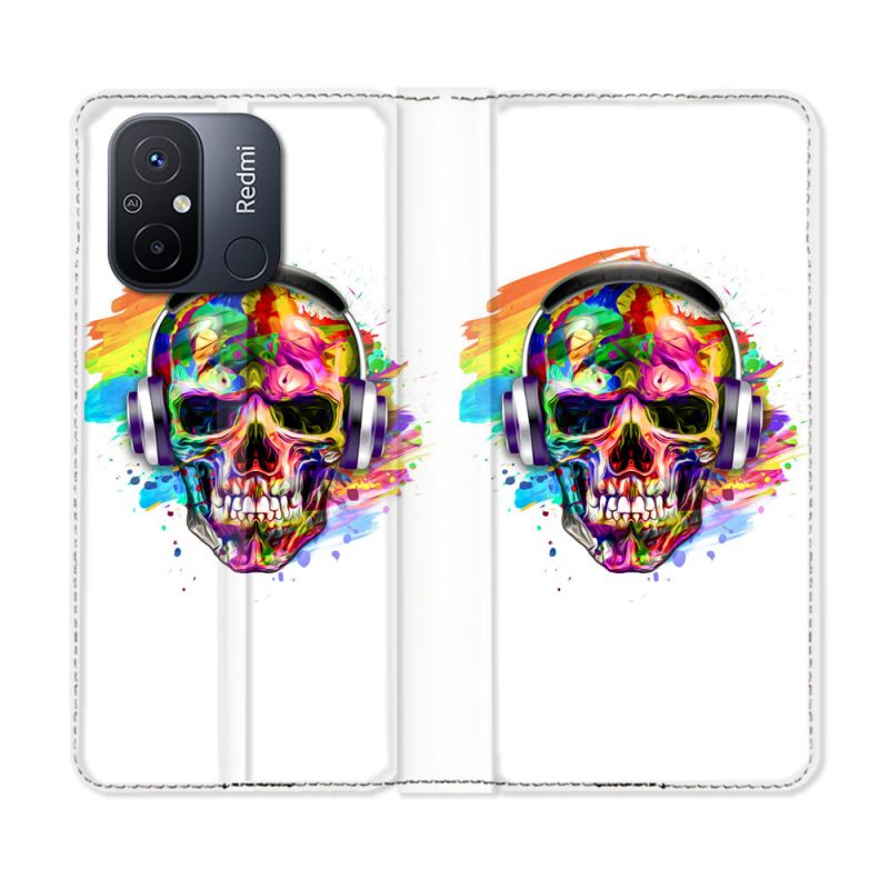 Housse cuir portefeuille pour Xiaomi 12C Tete de Mort Tag