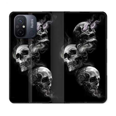 Housse cuir portefeuille pour Xiaomi 12C Tete de Mort Triple