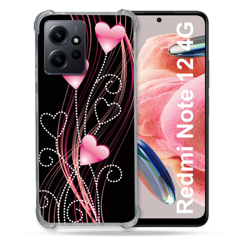 Coque Renforcée En Verre Trempé Pour Xiaomi Redmi Note 12 4G Amour Coeur Rose Montant sur Noir