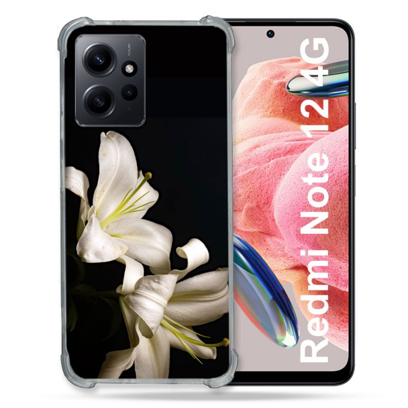 Coque Renforcée En Verre Trempé Pour Xiaomi Redmi Note 12 4G Fleur Lys Noir
