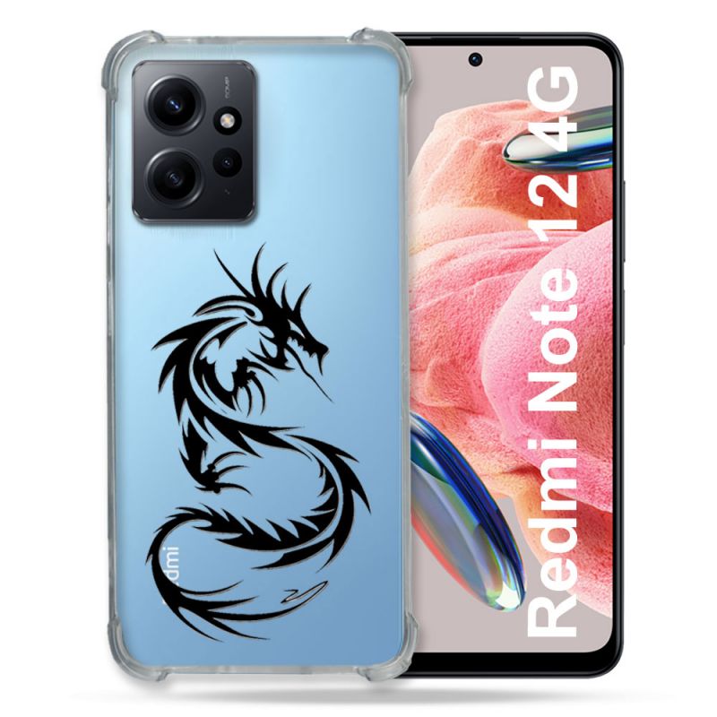 Coque Transparente Renforcée En Verre Trempé Pour Xiaomi Redmi Note 12 4G Dragon Noir