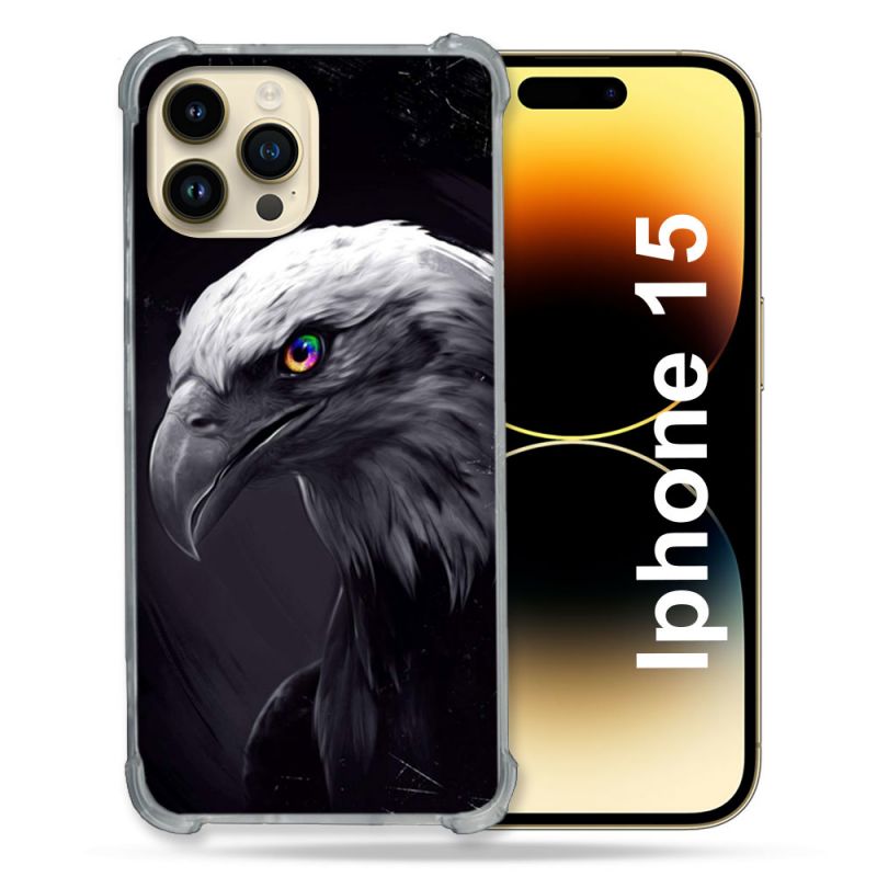 Coque Renforcée En Verre Trempé Pour Iphone 15 (6.1) Animal Aigle Royal Noir