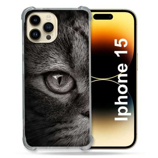 Coque Renforcée En Verre Trempé Pour Iphone 15 (6.1) Animal Chat Gris
