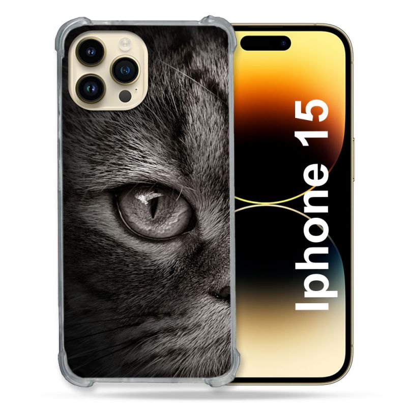 Coque Renforcée En Verre Trempé Pour Iphone 15 (6.1) Animal Chat Gris