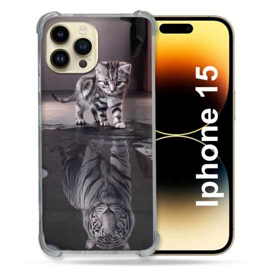 Coque Renforcée En Verre Trempé Pour Iphone 15 (6.1) Animal Chat Reflet
