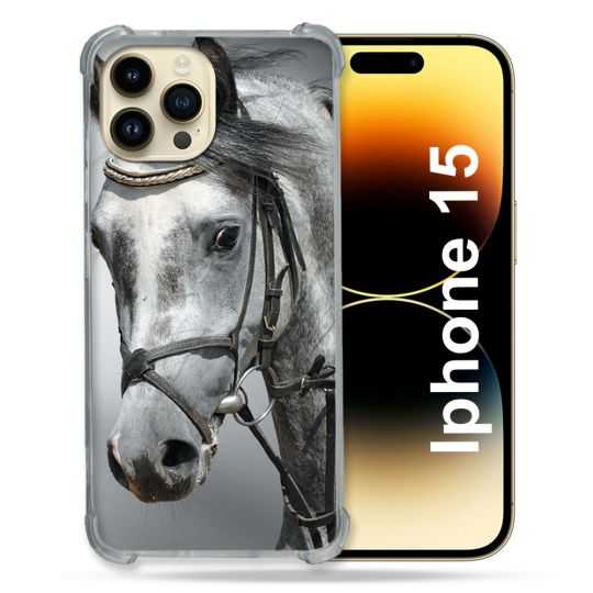Coque Renforcée En Verre Trempé Pour Iphone 15 (6.1) Animal Cheval Blanc