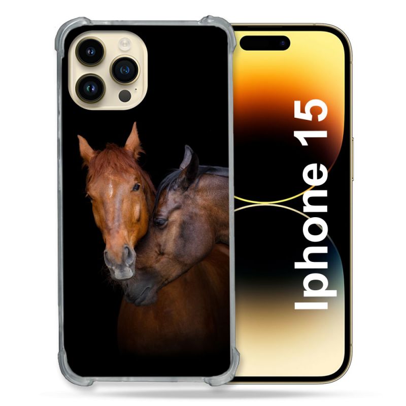 Coque Renforcée En Verre Trempé Pour Iphone 15 (6.1) Animal Cheval Marron