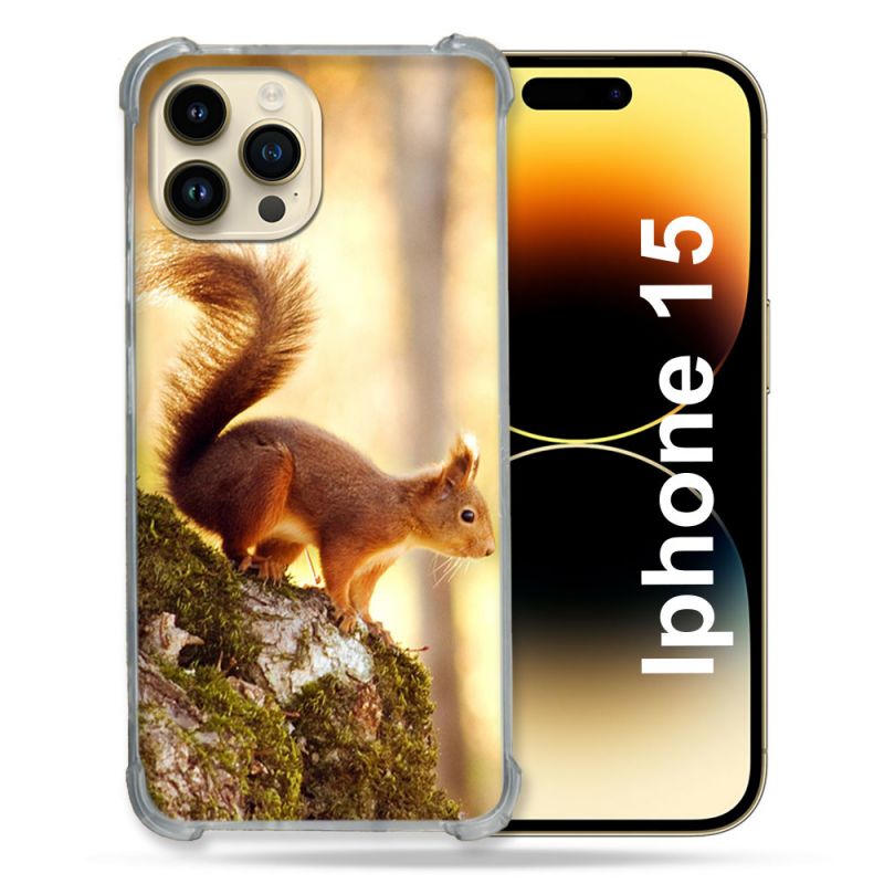 Coque Renforcée En Verre Trempé Pour Iphone 15 (6.1) Animal Ecureuil Bois