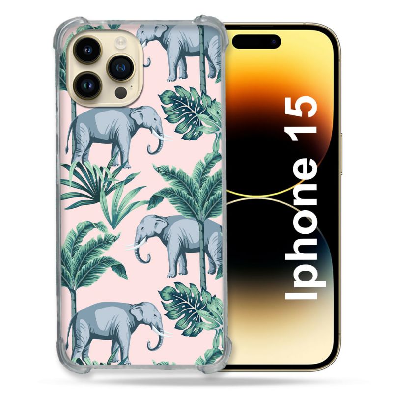 Coque Renforcée En Verre Trempé Pour Iphone 15 (6.1) Animal Elephant Pattern