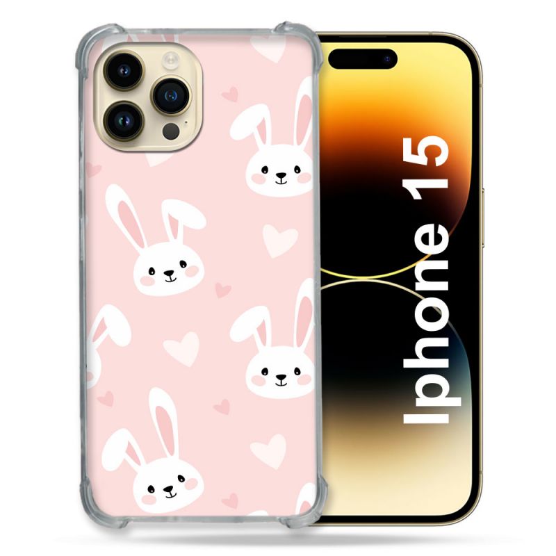 Coque Renforcée En Verre Trempé Pour Iphone 15 (6.1) Animal Lapin Rose