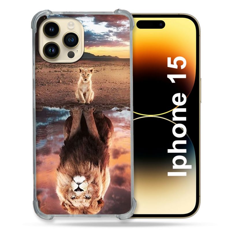 Coque Renforcée En Verre Trempé Pour Iphone 15 (6.1) Animal Lion Reflet