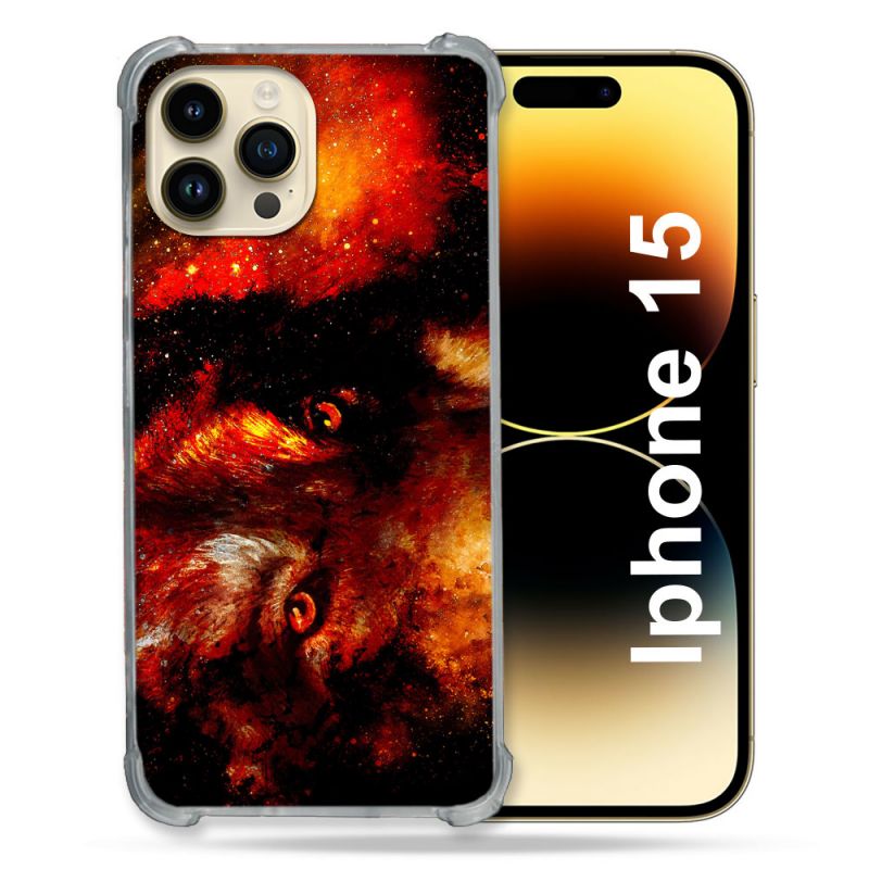 Coque Renforcée En Verre Trempé Pour Iphone 15 (6.1) Animal Loup Espace