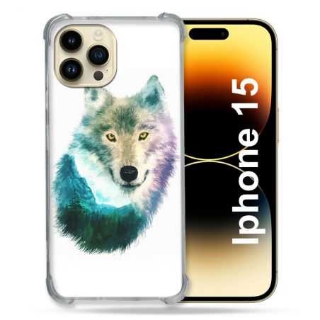 Coque Renforcée En Verre Trempé Pour Iphone 15 (6.1) Animal Loup Montagne