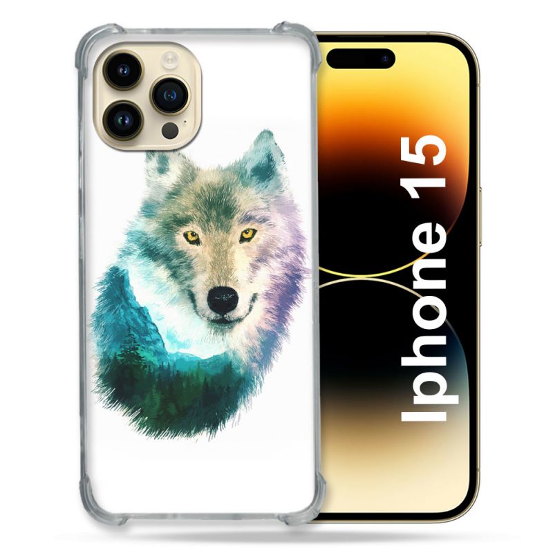 Coque Renforcée En Verre Trempé Pour Iphone 15 (6.1) Animal Loup Montagne
