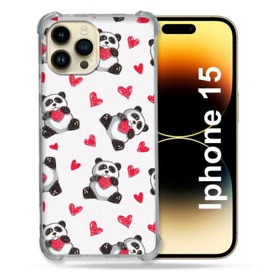 Coque Renforcée En Verre Trempé Pour Iphone 15 (6.1) Animal Panda Cœur