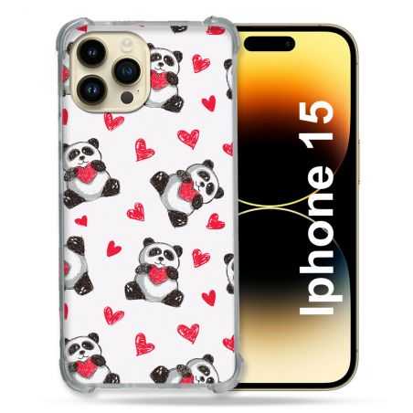 Coque Renforcée En Verre Trempé Pour Iphone 15 (6.1) Animal Panda Cœur