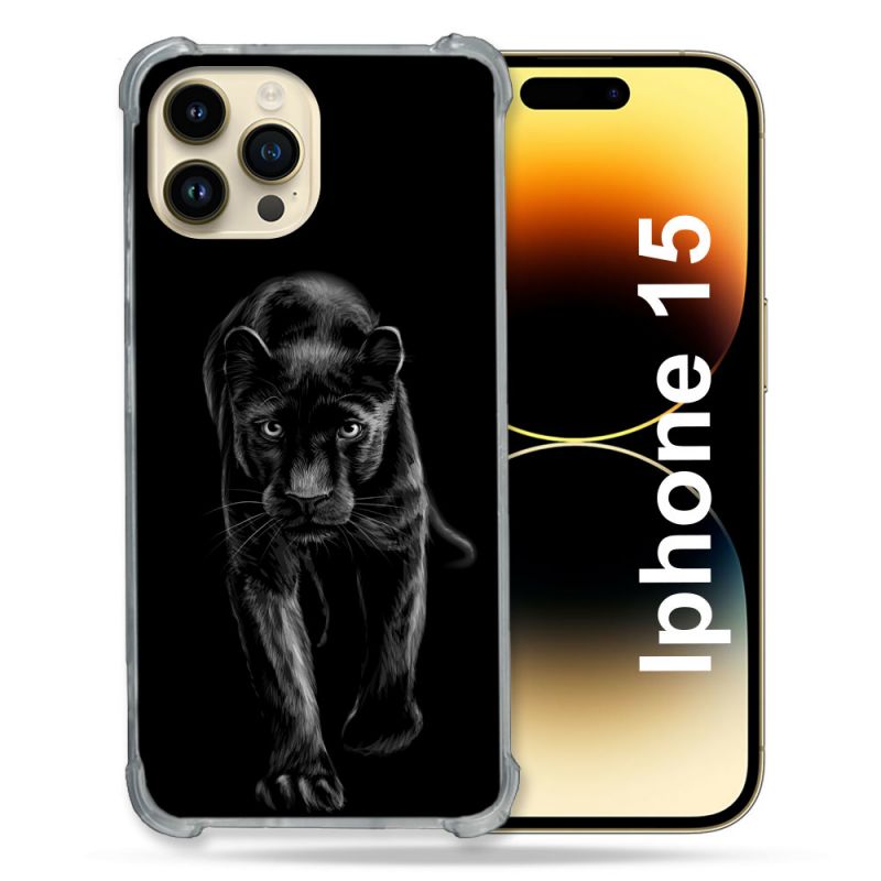 Coque Renforcée En Verre Trempé Pour Iphone 15 (6.1) Animal Panthère Noire