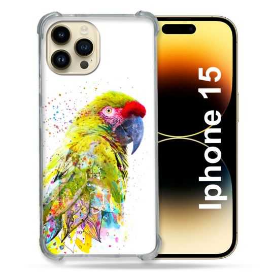 Coque Renforcée En Verre Trempé Pour Iphone 15 (6.1) Animal Perroquet Jaune