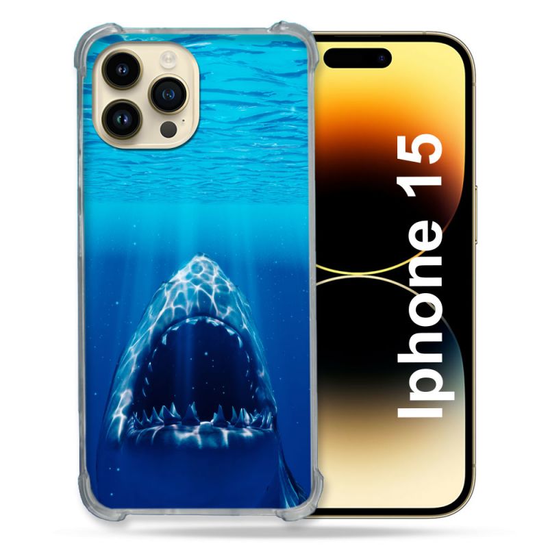 Coque Renforcée En Verre Trempé Pour Iphone 15 (6.1) Animal Requin Dent