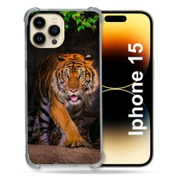 Coque Renforcée En Verre Trempé Pour Iphone 15 (6.1) Animal Tigre Jungle