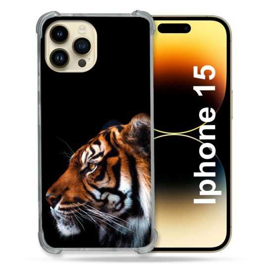 Coque Renforcée En Verre Trempé Pour Iphone 15 (6.1) Animal Tigre Noir