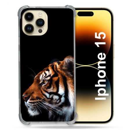 Coque Renforcée En Verre Trempé Pour Iphone 15 (6.1) Animal Tigre Noir
