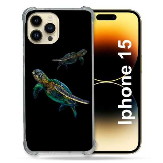 Coque Renforcée En Verre Trempé Pour Iphone 15 (6.1) Animal Tortue Noire multicolore