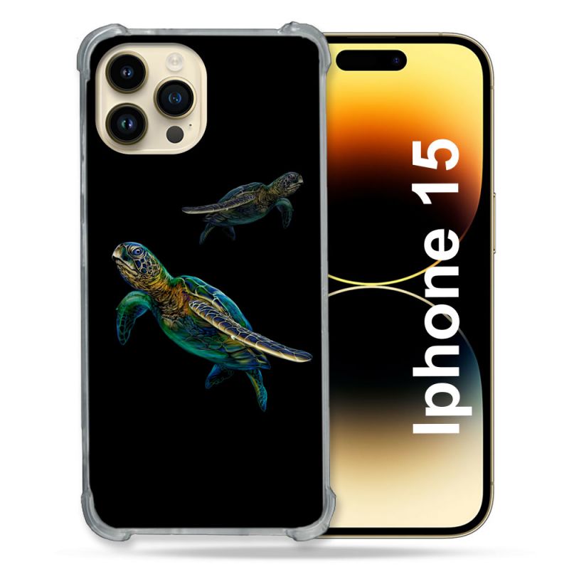 Coque Renforcée En Verre Trempé Pour Iphone 15 (6.1) Animal Tortue Noire multicolore