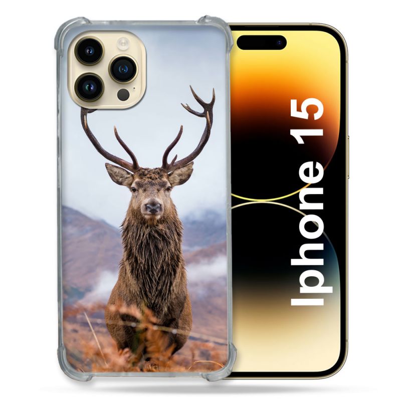 Coque Renforcée En Verre Trempé Pour Iphone 15 (6.1) Chasse Chevreuil Montagne
