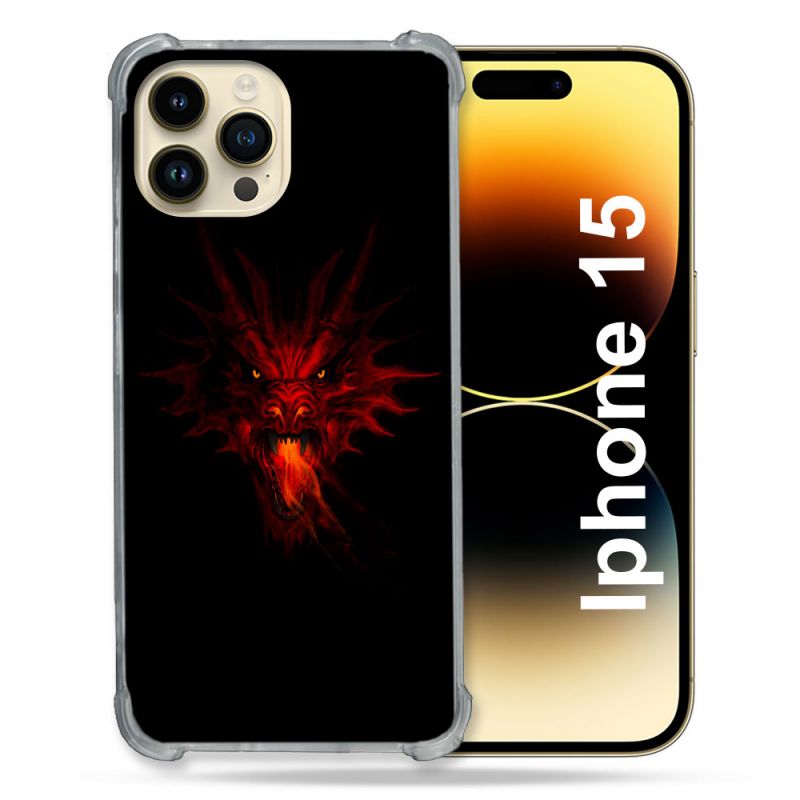Coque Renforcée En Verre Trempé Pour Iphone 15 (6.1) Fantastique Dragon Feu