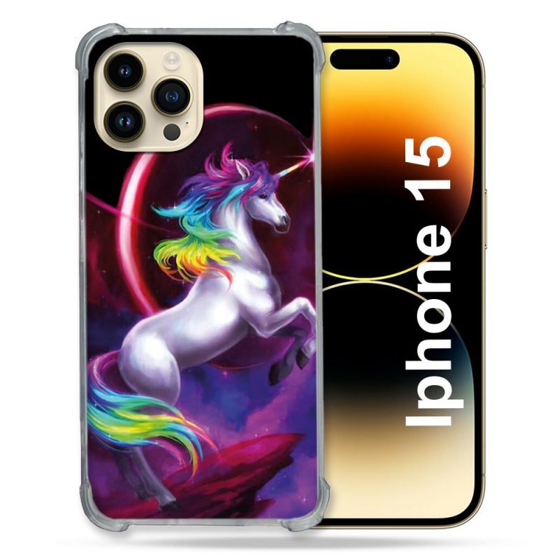 Coque Renforcée En Verre Trempé Pour Iphone 15 (6.1) Fantastique Licorne Arc en ciel