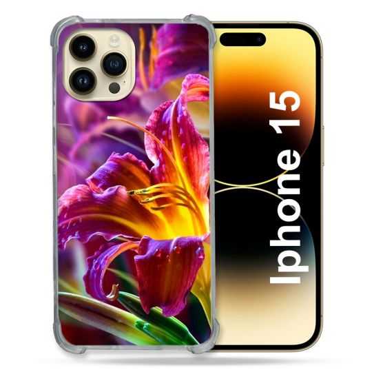 Coque Renforcée En Verre Trempé Pour Iphone 15 (6.1) Fleur Lys Color